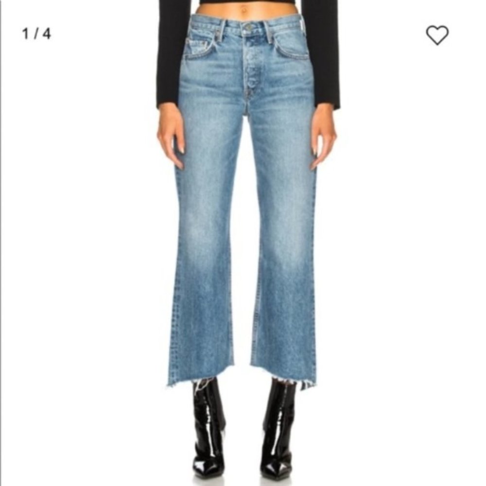 Grlfrnd Dahl High Waist Frayed Hem Ankle Crop Wide Leg Straight Jeans size 24